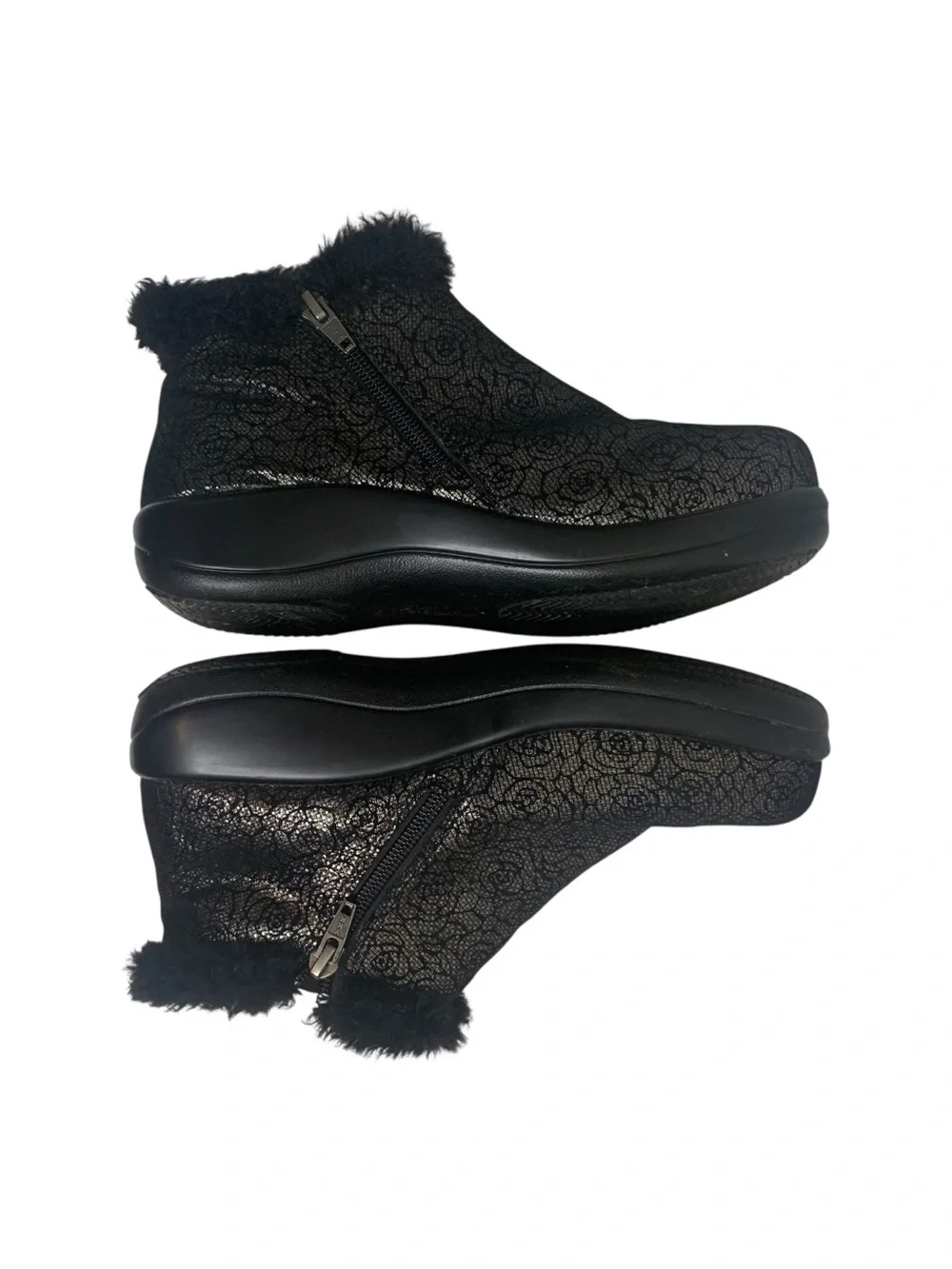 Alegria Meri Black Florette Roses Leather Ankle Boots Faux Fur Trim  36W/5.5-6W